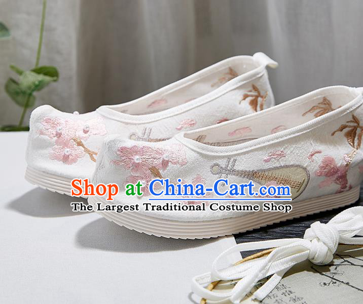 China Traditional Hanfu Shoes Handmade Ancient Princess Cloth Shoes National Embroidered Peach Blossom Lute Shoes