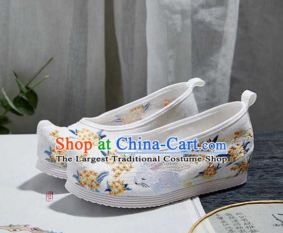 China National Embroidered Fragrans Rabbit Shoes Traditional Hanfu Shoes Handmade Ancient Princess White Cloth Shoes