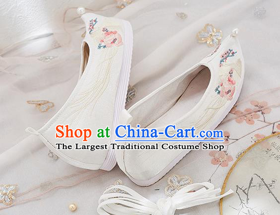 China Traditional Hanfu Bow Shoes Handmade Princess Pearl Shoes National Embroidered Phoenix White Cloth Shoes