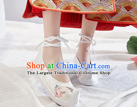 China Traditional Hanfu Bow Shoes Handmade Princess Pearl Shoes National Embroidered Phoenix White Cloth Shoes