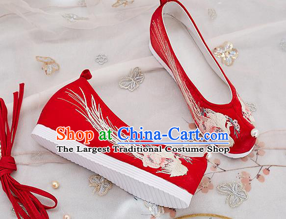 China National Embroidered Phoenix Red Cloth Shoes Traditional Hanfu Bow Shoes Handmade Princess Wedding Pearl Shoes