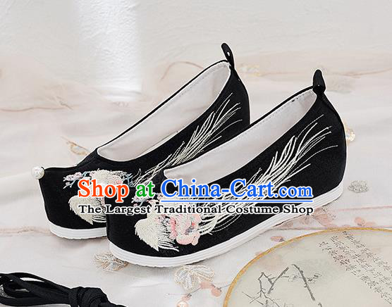 China Handmade Princess Pearl Shoes National Embroidered Phoenix Black Cloth Shoes Traditional Hanfu Bow Shoes