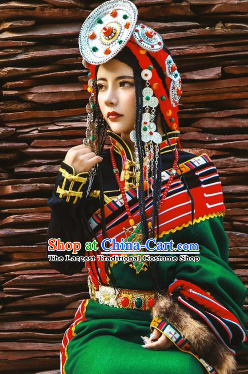 China Zang Nationality Noble Woman Clothing Traditional Xizang Minority Folk Dance Green Tibetan Robe