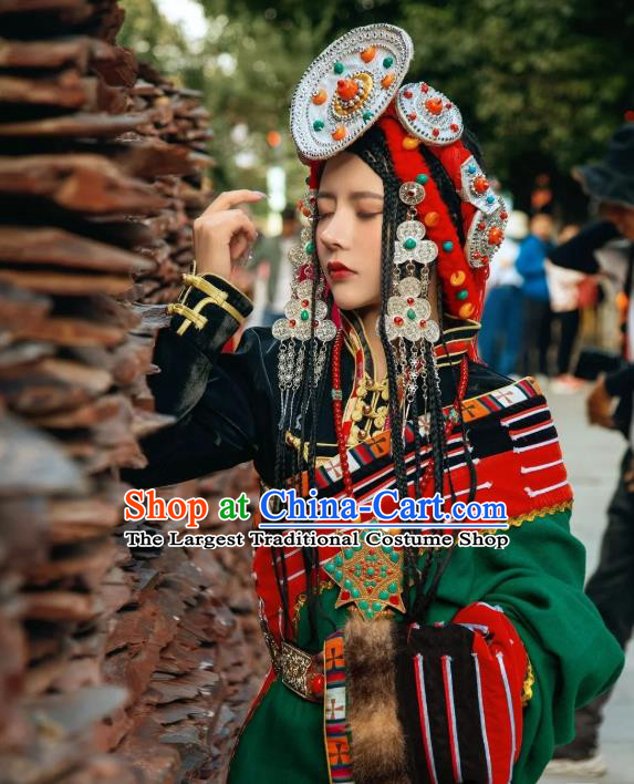 China Zang Nationality Noble Woman Clothing Traditional Xizang Minority Folk Dance Green Tibetan Robe