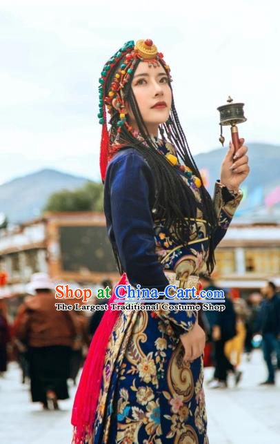 China Zang Nationality Stage Performance Clothing Traditional Xizang Tibetan Minority Wedding Bride Royalblue Brocade Robe