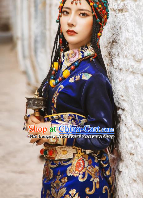 China Zang Nationality Stage Performance Clothing Traditional Xizang Tibetan Minority Wedding Bride Royalblue Brocade Robe