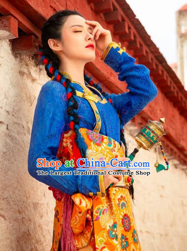China Zang Nationality Wedding Bride Clothing Traditional Xizang Tibetan Minority Folk Dance Golden Brocade Robe