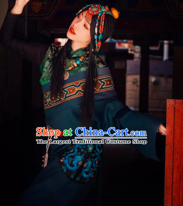 China Zang Nationality Young Woman Clothing Traditional Xizang Minority Folk Dance Atrovirens Tibetan Robe