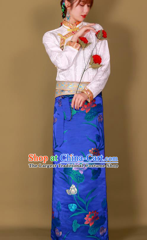 Chinese Zang Nationality Heishui Dance Royalblue Brocade Skirt Tibetan Folk Dance Woman Clothing