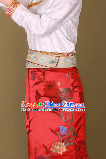 Chinese Tibetan Ethnic Heishui Dance Clothing Zang Nationality Woman Red Brocade Skirt