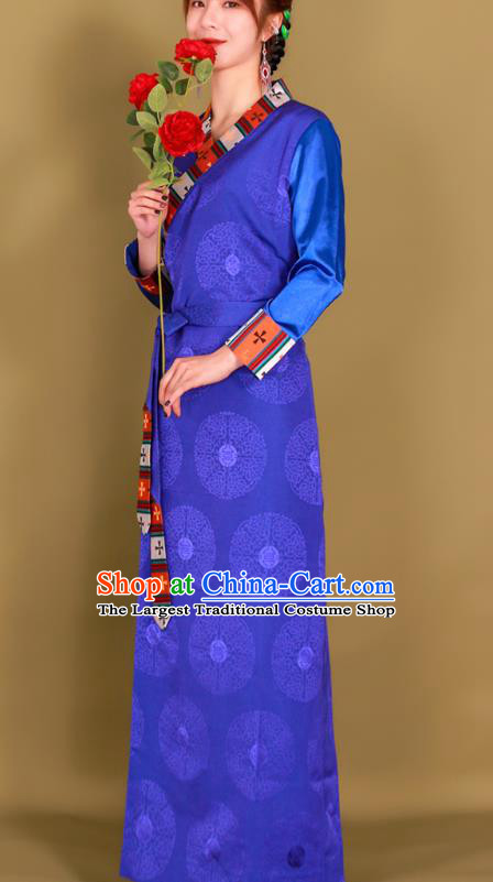 China Zang Nationality Young Lady Clothing Traditional Xizang Minority Royalblue Bola Dress