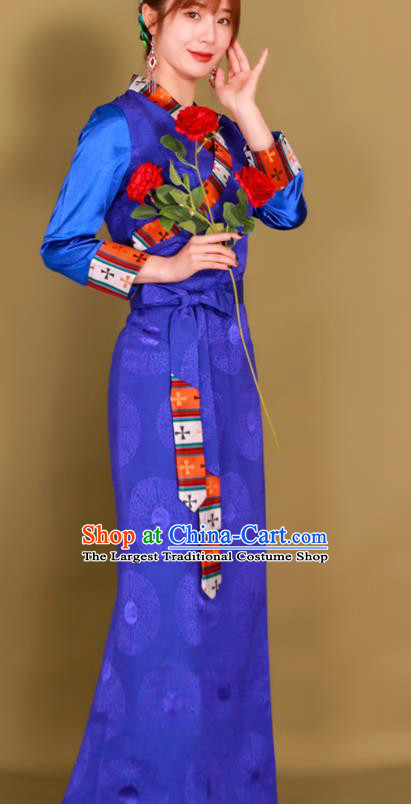 China Zang Nationality Young Lady Clothing Traditional Xizang Minority Royalblue Bola Dress