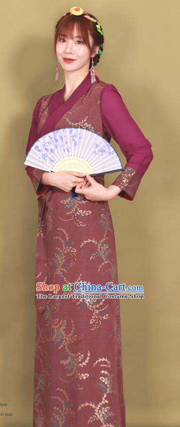 China Zang Nationality Heishui Dance Clothing Traditional Xizang Tibetan Minority Wine Red Bola Dress