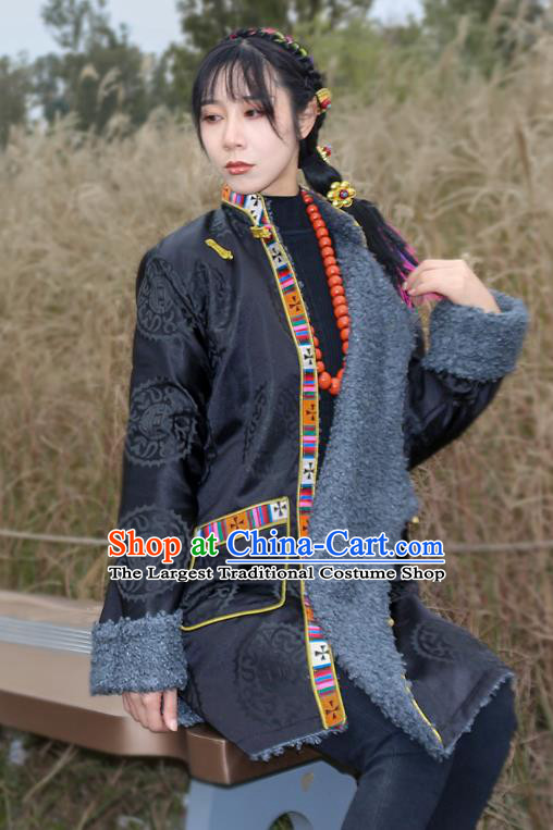 Chinese Traditional Tibetan Ethnic Winter Outer Garment Clothing Zang Nationality Black Satin Cotton Wadded Jacket