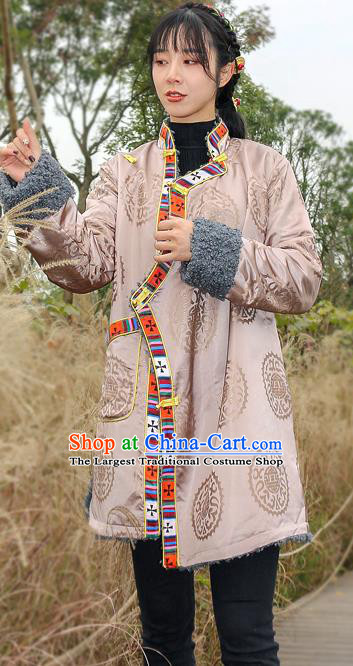 Chinese Zang Nationality Apricot Brocade Cotton Wadded Jacket Traditional Tibetan Ethnic Winter Overcoat Clothing