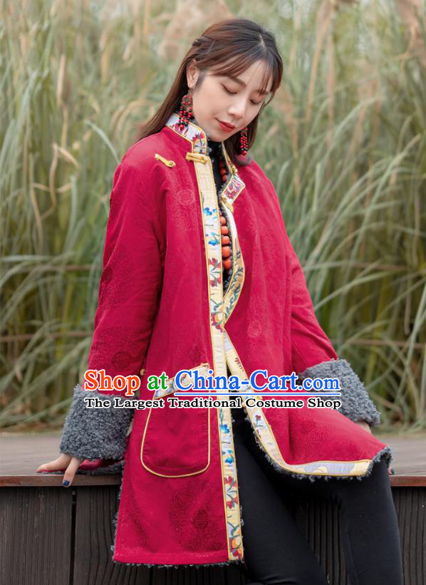 Chinese Traditional Tibetan Ethnic Greatcoat Clothing Zang Nationality Winter Red Brocade Cotton Wadded Coat