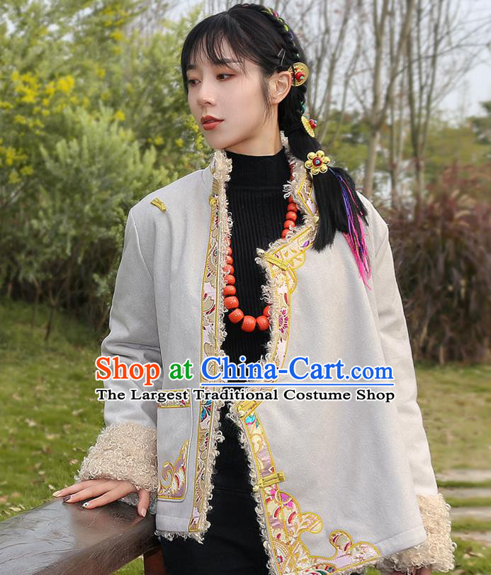 Chinese Traditional Tibetan Ethnic Female Greatcoat Clothing Zang Nationality Winter Embroidered Beige Jacket