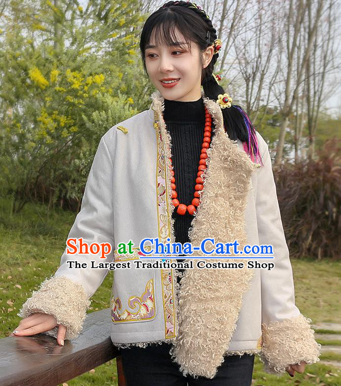 Chinese Traditional Tibetan Ethnic Female Greatcoat Clothing Zang Nationality Winter Embroidered Beige Jacket