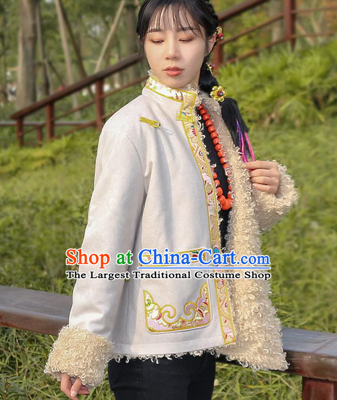 Chinese Traditional Tibetan Ethnic Female Greatcoat Clothing Zang Nationality Winter Embroidered Beige Jacket