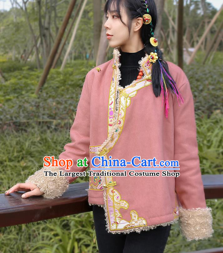 Chinese Zang Nationality Winter Embroidered Pink Jacket Traditional Tibetan Ethnic Female Outer Garment Clothing