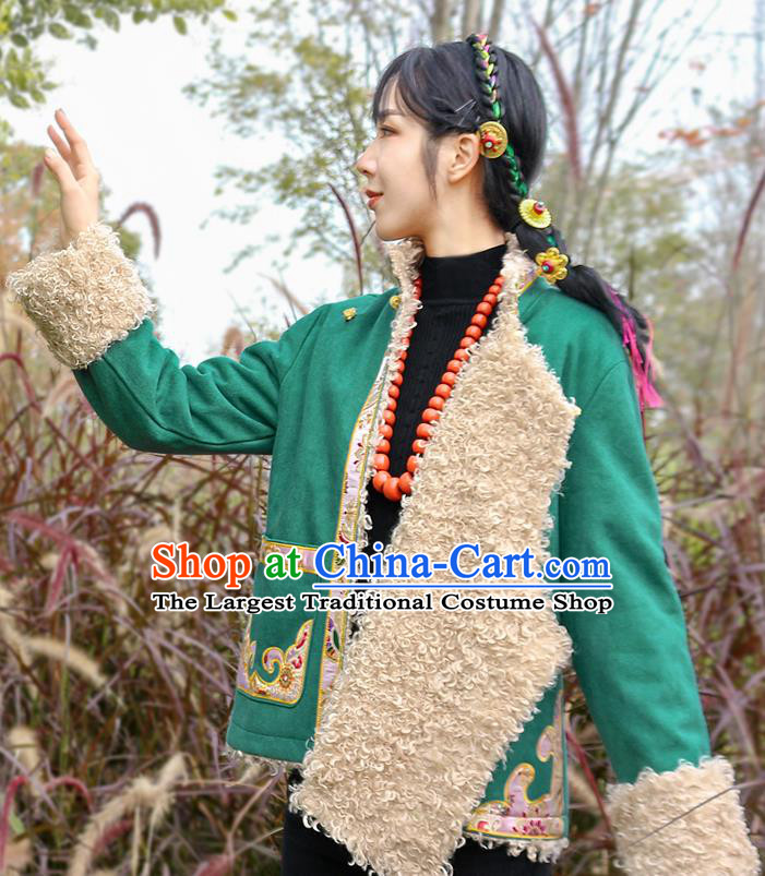 Chinese Zang Nationality Embroidered Green Jacket Clothing Traditional Tibetan Ethnic Winter Outer Garment