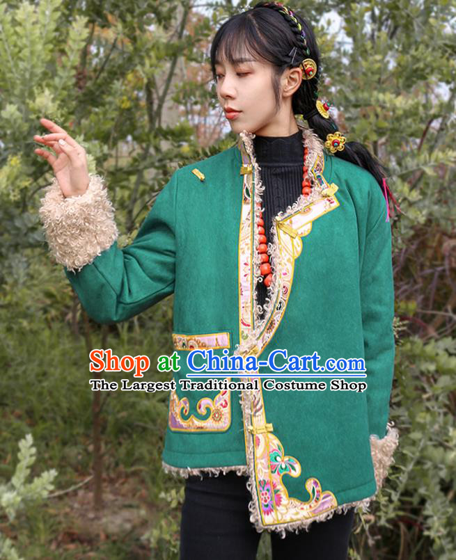 Chinese Zang Nationality Embroidered Green Jacket Clothing Traditional Tibetan Ethnic Winter Outer Garment