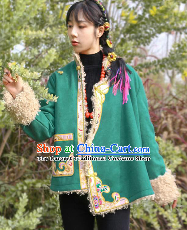 Chinese Zang Nationality Embroidered Green Jacket Clothing Traditional Tibetan Ethnic Winter Outer Garment