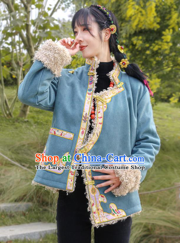 Chinese Zang Nationality Winter Embroidered Blue Jacket Clothing Traditional Tibetan Ethnic Lamb Wool Outer Garment