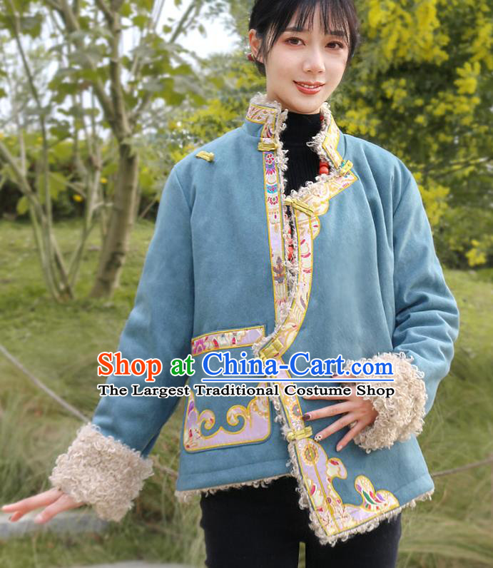 Chinese Zang Nationality Winter Embroidered Blue Jacket Clothing Traditional Tibetan Ethnic Lamb Wool Outer Garment