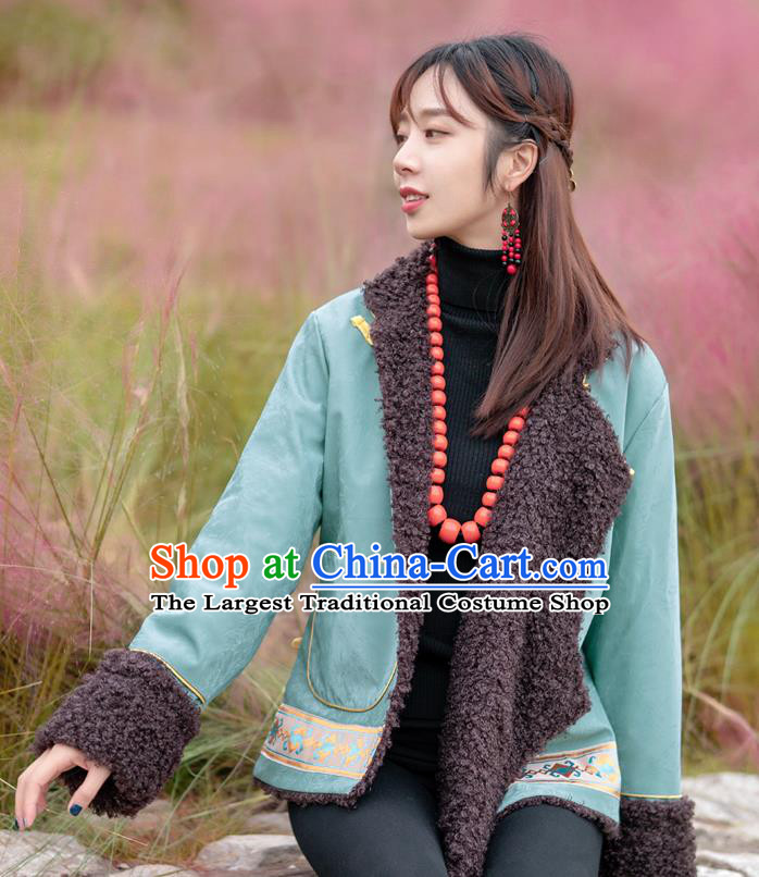 Chinese Zang Nationality Blue Feather Jacket Traditional Tibetan Ethnic Lamb Wool Outer Garment Clothing