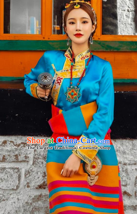 China Zang Nationality Stage Performance Clothing Traditional Xizang Tibetan Minority Blue Blouse and Rosy Robe Outfits