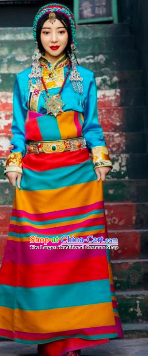 China Zang Nationality Stage Performance Clothing Traditional Xizang Tibetan Minority Blue Blouse and Rosy Robe Outfits