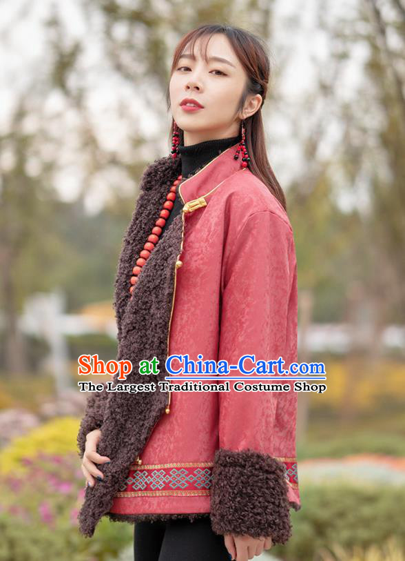 Chinese Traditional Tibetan Ethnic Lamb Wool Outer Garment Clothing Zang Nationality Watermelon Red Leather Jacket