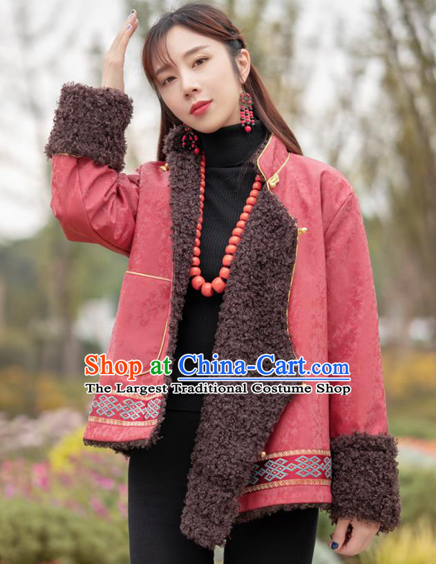 Chinese Traditional Tibetan Ethnic Lamb Wool Outer Garment Clothing Zang Nationality Watermelon Red Leather Jacket