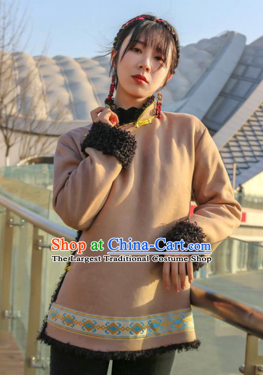 Chinese Traditional Winter Lamb Wool Outer Garment Tibetan Ethnic Khaki Leather Jacket Zang Nationality Clothing