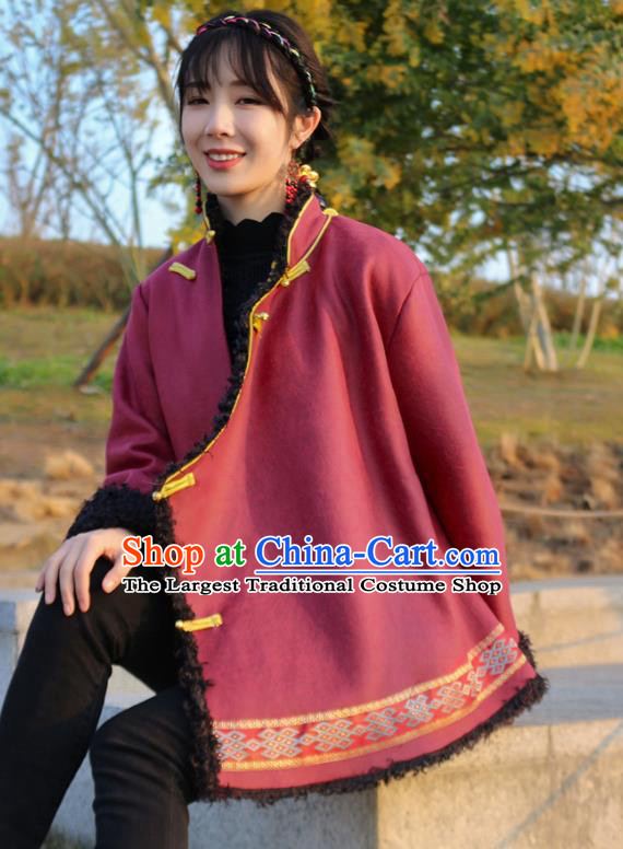 Chinese Zang Nationality Clothing Traditional Winter Lamb Wool Outer Garment Tibetan Ethnic Wine Red Leather Jacket