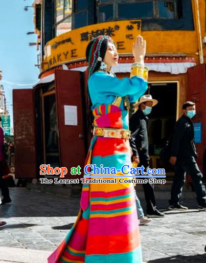 China Zang Nationality Stage Performance Clothing Traditional Xizang Tibetan Minority Blue Blouse and Rosy Robe Outfits