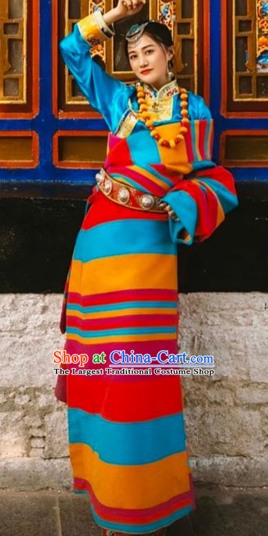 China Zang Nationality Stage Performance Clothing Traditional Xizang Tibetan Minority Blue Blouse and Rosy Robe Outfits