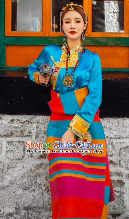 China Zang Nationality Stage Performance Clothing Traditional Xizang Tibetan Minority Blue Blouse and Rosy Robe Outfits