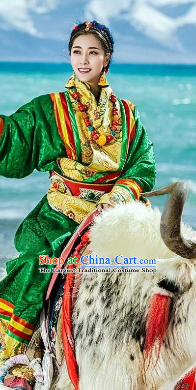 China Zang Nationality Folk Dance Clothing Traditional Xizang Tibetan Minority Wedding Bride Green Brocade Robe