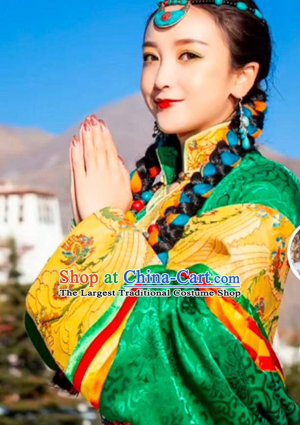 China Zang Nationality Folk Dance Clothing Traditional Xizang Tibetan Minority Wedding Bride Green Brocade Robe