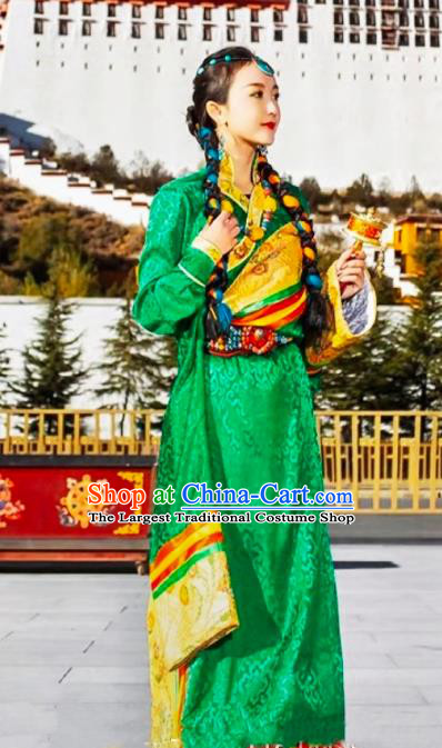China Zang Nationality Folk Dance Clothing Traditional Xizang Tibetan Minority Wedding Bride Green Brocade Robe
