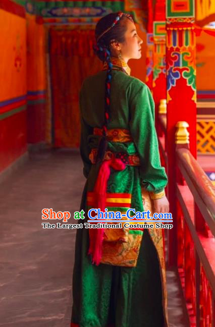 China Zang Nationality Folk Dance Clothing Traditional Xizang Tibetan Minority Wedding Bride Green Brocade Robe
