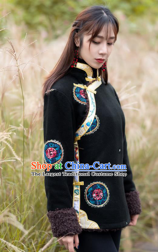 Chinese Traditional Lamb Wool Outer Garment Tibetan Ethnic Embroidered Black Jacket Zang Nationality Winter Clothing