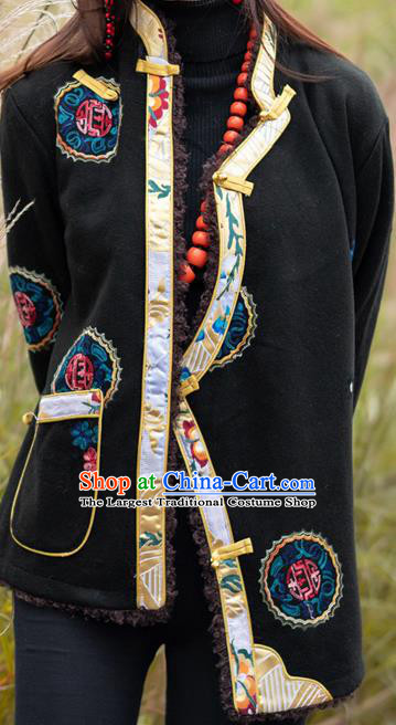 Chinese Traditional Lamb Wool Outer Garment Tibetan Ethnic Embroidered Black Jacket Zang Nationality Winter Clothing