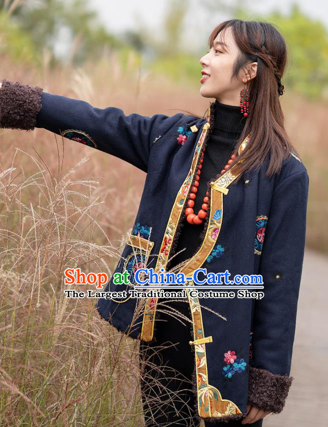 Chinese Traditional Zang Nationality Winter Clothing Lamb Wool Outer Garment Tibetan Ethnic Embroidered Navy Jacket