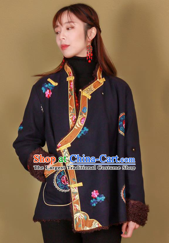 Chinese Traditional Zang Nationality Winter Clothing Lamb Wool Outer Garment Tibetan Ethnic Embroidered Navy Jacket