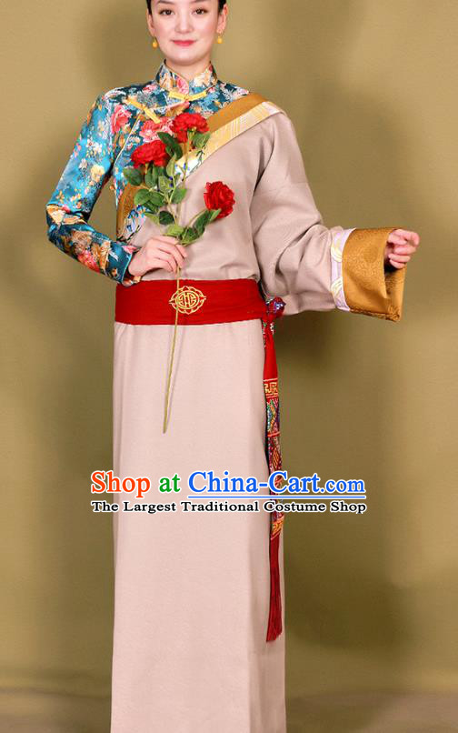 China Zang Nationality Heishui Dance Clothing Traditional Xizang Minority Apricot Bola Tibetan Robe Clothing