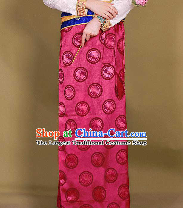 Chinese Traditional Zang Nationality Heishui Dance Clothing Tibetan Ethnic Rosy Brocade Skirt