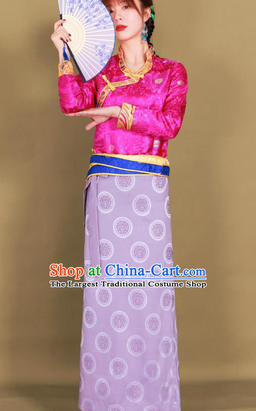 Chinese Tibetan Ethnic Lilac Brocade Skirt Traditional Zang Nationality Heishui Dance Clothing